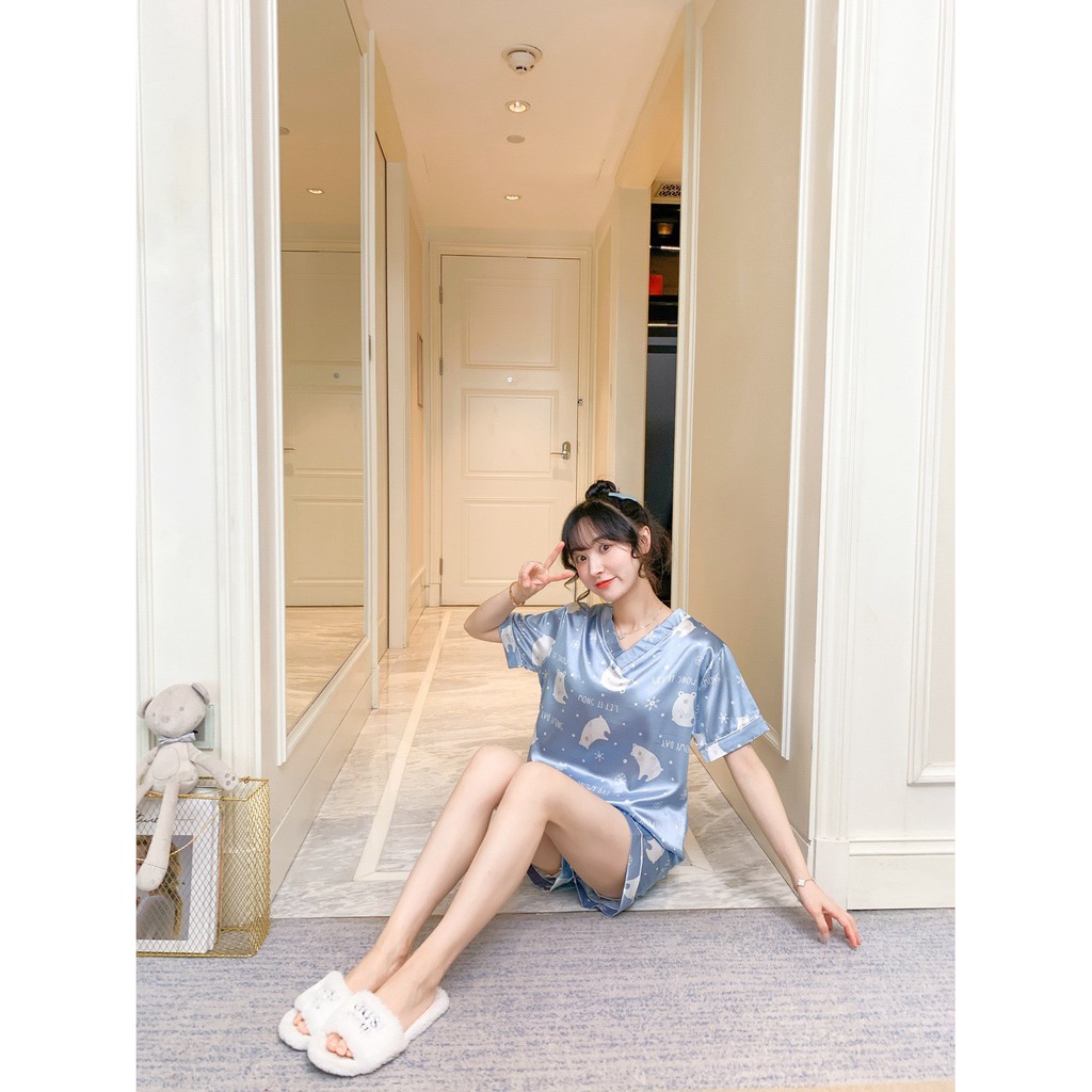 Đồ Bộ Pijama Lụa Satin ⚡Hàng Quảng Châu⚡ Đồ Ngủ Nữ HOT TREND hoạ tiết cao cấp mềm mại cổ tim cực xinh Hàng Loại 1