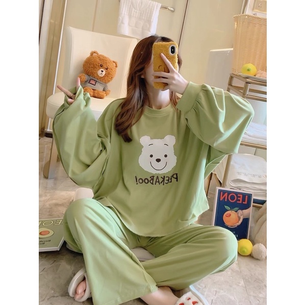 Bộ Pijama Nỉ Gấu PEEKABOO 🦋 Set Quần Áo Thun Dài Tay Dáng Rộng In Hình 2 Màu 🦋