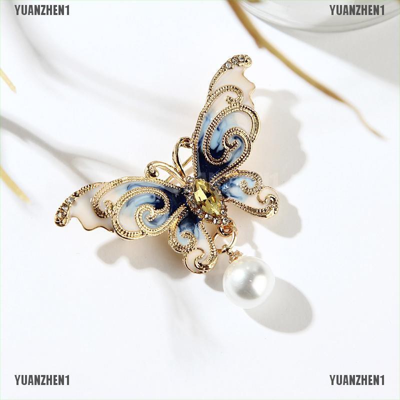 [YUANZHEN1] Trâm Cài Áo Hình Bướm Tráng Men Đính Kim Cương Giả &amp; Ngọc Trai Cho Nữ