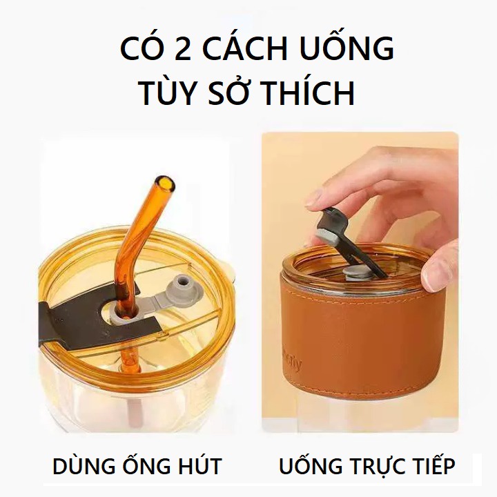 Cốc thủy tinh uống nước bọc da có nắp và ống hút, Ly thủy tinh giữ nhiệt tốt