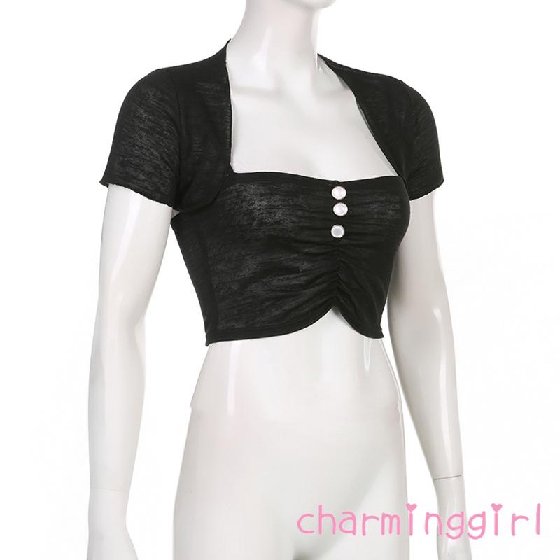 Set Áo Croptop Hai Dây + Áo Khoác Tay Ngắn Màu Trơn Phối Nút Thời Trang Cho Nữ