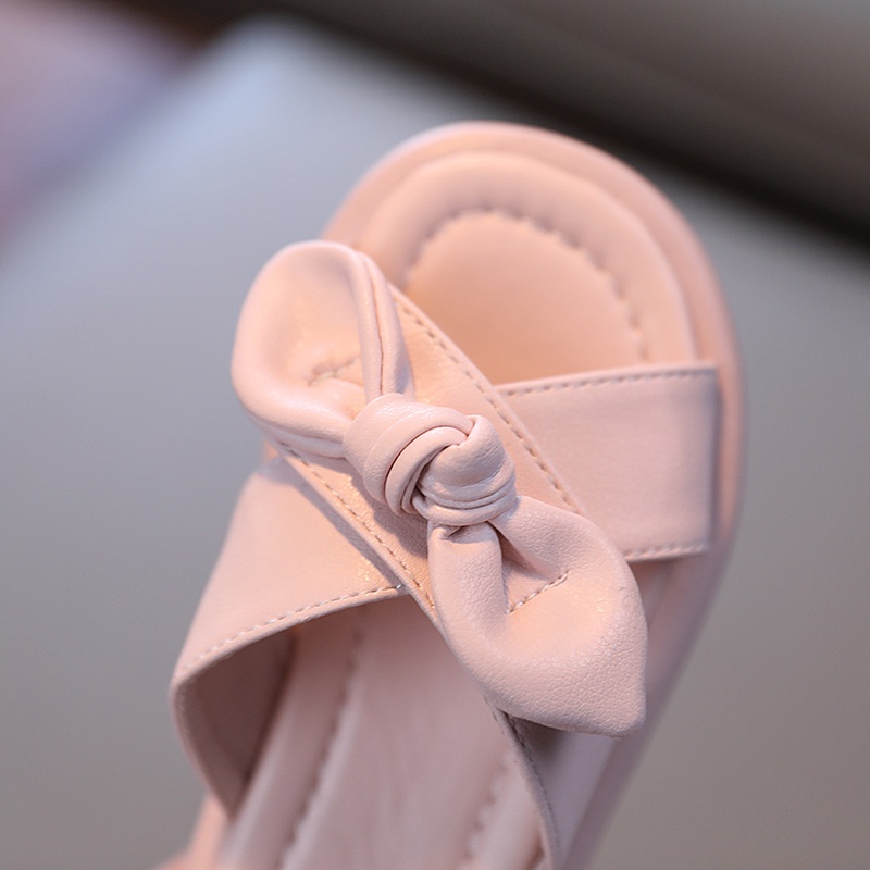 Dép Da Mềm Đính Nơ Chống Trượt Màu Trơn Thời Trang Cho Bé Gái 3-6 Tuổi