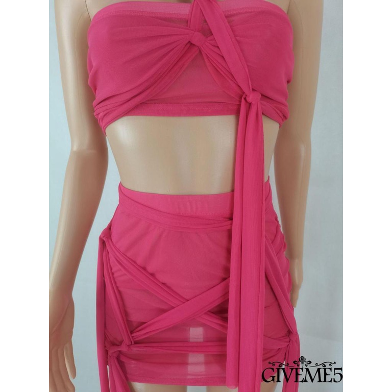 Set Đồ 2 Món Gồm Áo Lửng Hai Dây Màu Trơn Và Chân Váy Ngắn Lưng Cao Thắt Dây Thiết Kế Độc Đáo Cho Nữ