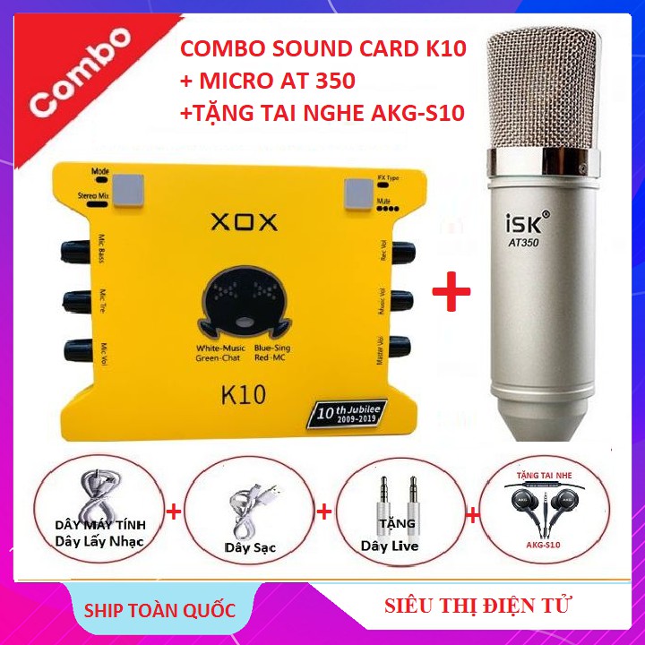 Combo Cả Bộ SoundCard K10, Micro AT350 Tặng Tai Nghe AKG-S10 - chuyên Hát Livestream Karaoke