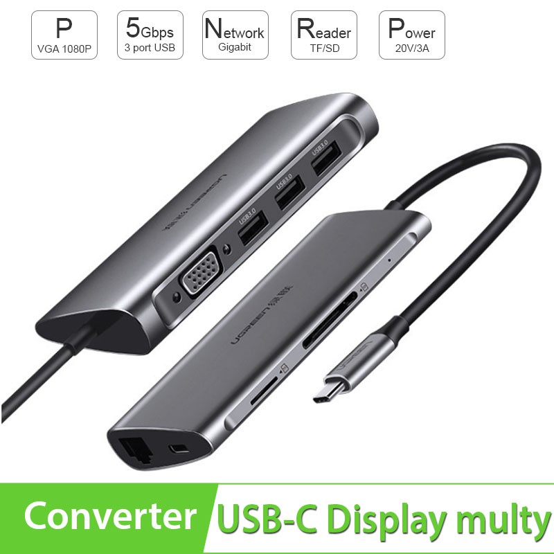 [Mã 159ELSALE hoàn 7% xu đơn 300K] Cáp USB type-C to VGA/USB 3.0/SD/TF/Lan Ugreen 50539