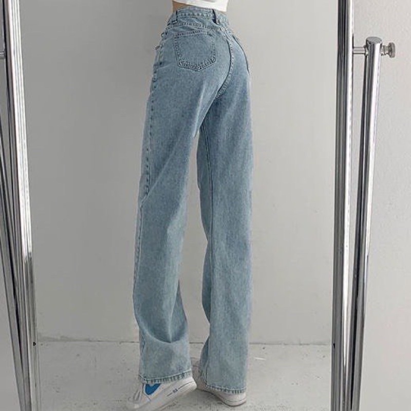 Quần jeans ống rộng dài cạp lệch hách dáng phong cách Hàn Quốc