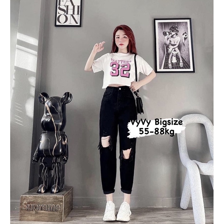 [Bigsize 55kg-88kg Quần Baggy Đen Rách To Lưng Siêu Cao Không Co Giãn