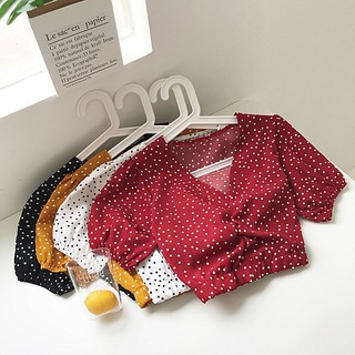 Áo chấm bi cổ V nhún ngực sexy  (Order ) Có ảnh thật