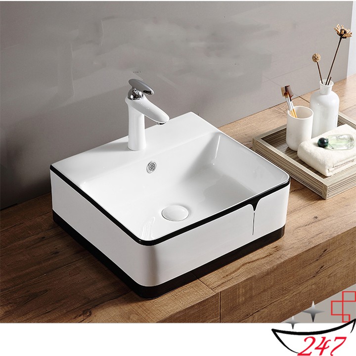 CHẬU LAVABO SỨ ĐẶT BÀN VIỀN ĐEN TINH TÉ, SANG TRỌNG