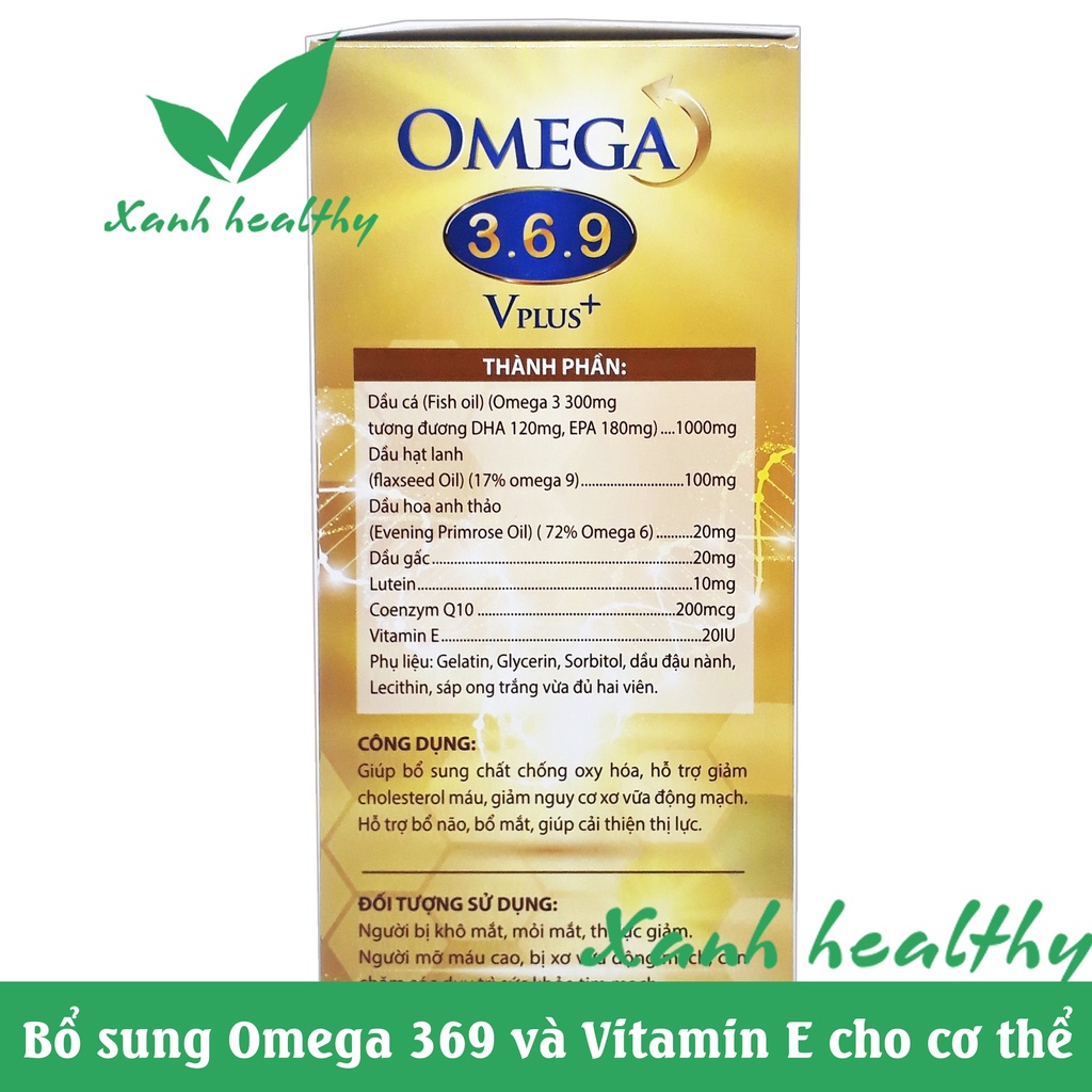 Viên uống Omega 3 6 9 VPlus Hộp 100 viên - thành phần dầu cá, dầu gấc, dầu hoa anh thảo - sáng mắt bổ não khỏe tim mạch