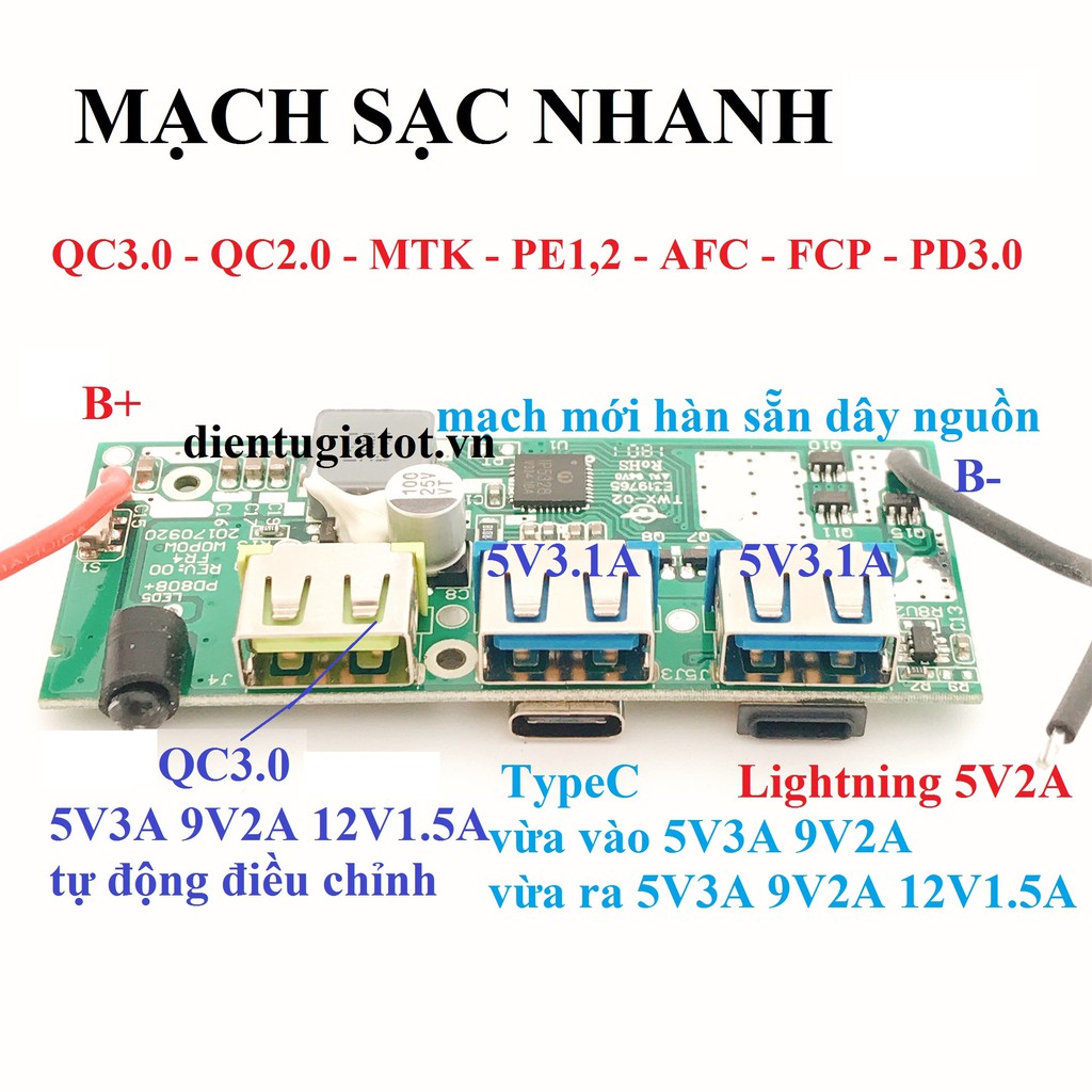 Mạch sạc dự phòng sạc nhanh QC3.0 PD3.0 3 cổng ra