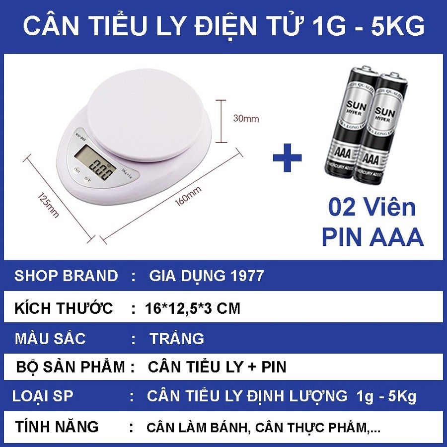 Cân tiểu ly điện tử nhà bếp 1g - 5kg, Cân tiểu ly độ chính xác cao kèm 2 viên pin AA