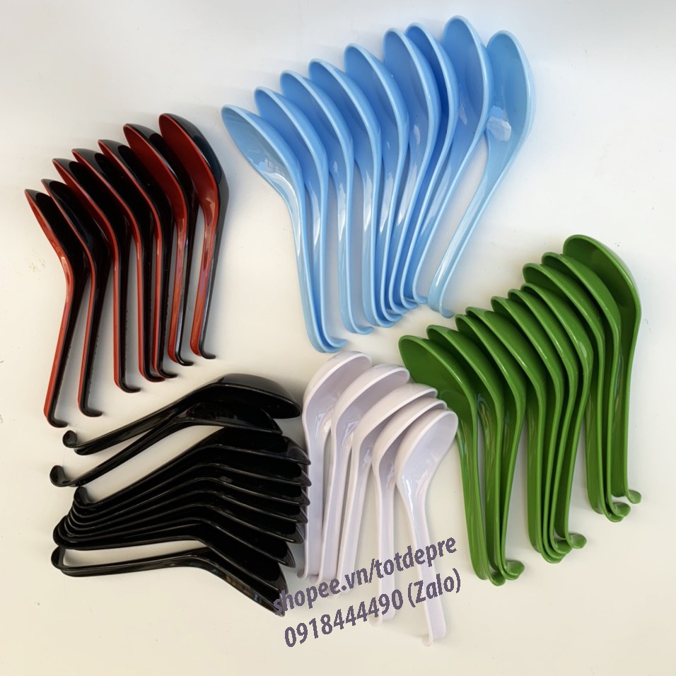 Thìa phở nhựa phíp chính hãng màu đẹp kiểu dáng đuôi cong tiện dụng gác lên bát - Muỗng ăn bún phở