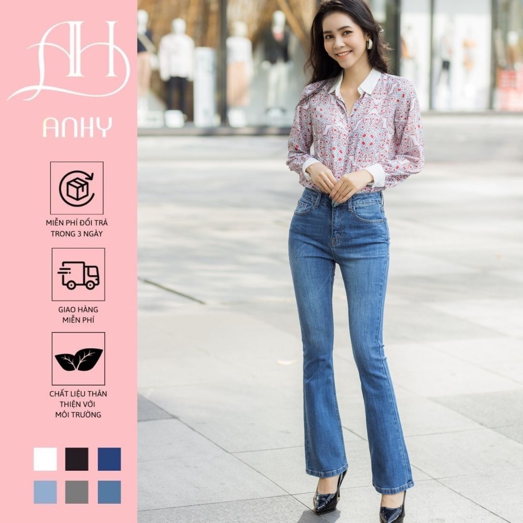 Quần bò ANHY FASHION ống loe lưng cao dáng dài quần bò gấu may kiểu dáng basic