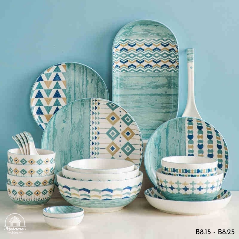 Bộ bát đĩa sứ, bộ bát đĩa đẹp men mờ trắng xanh đại dương decor bàn ăn phong cách vintage Bắc Âu