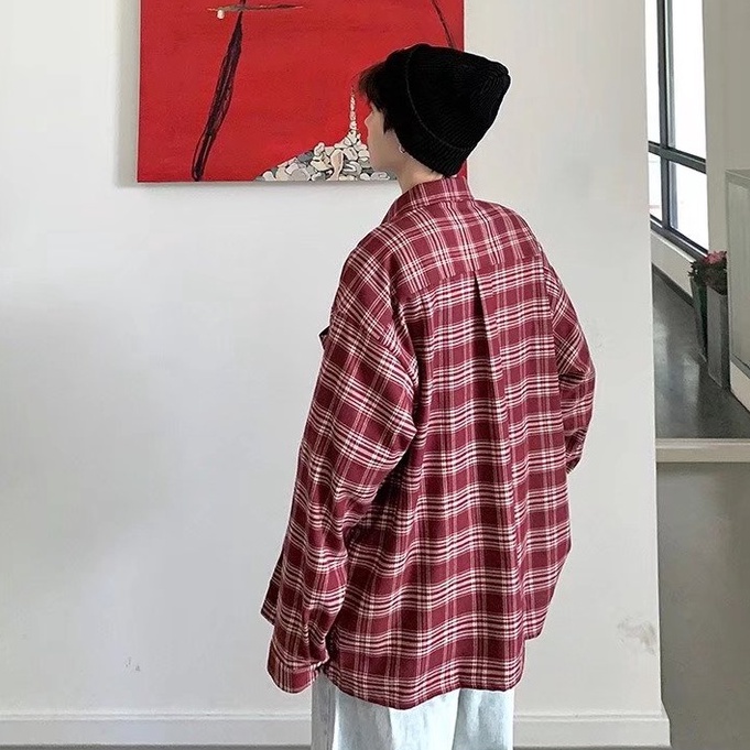 ♞AFF LIGA♞ Áo Sơ Mi Caro Tay Dài Phong Cách Vintage Thời Trang Cho Nam