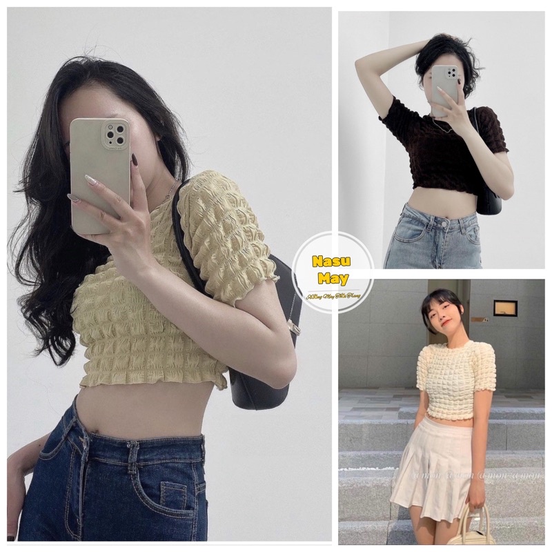 Áo Croptop Chất Caro Xốp Nữ Thun kiểu body cộc tay dáng ôm viền bèo tiểu thư đường phố hàn quốc