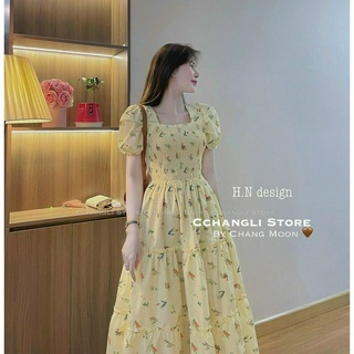 Đầm maxi hoa nhí cổ vuông bo chun sau- đầm babydoll nữ dáng dài tay bồng đi biển đi chơi kỷ yếu dễ thương sang chảnh