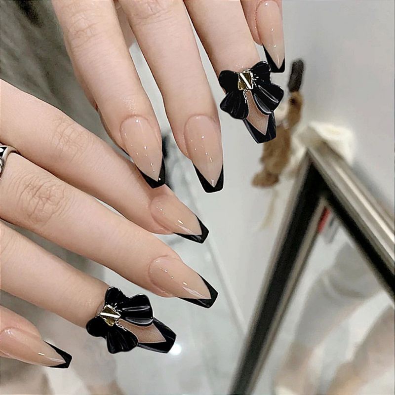 Móng giả thiết kế Quỳnh Quỳnh Nail hộp 10 móng kèm keo dũa đính nơ đen