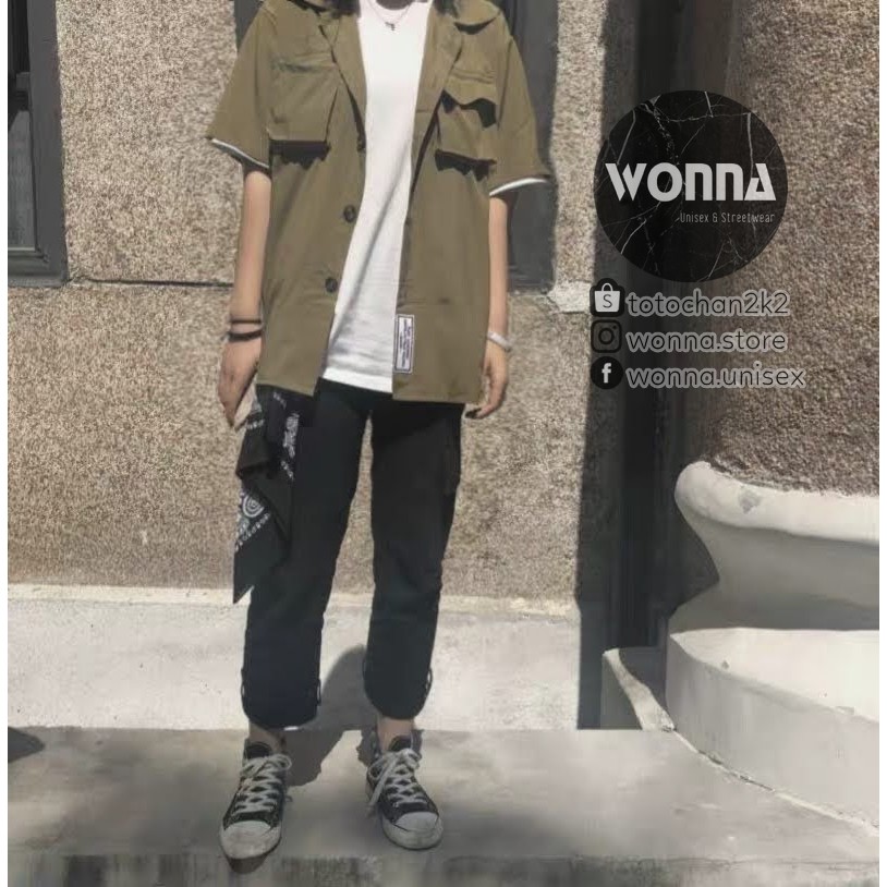 [Kèm ảnh thật] Áo sơ mi nam nữ áo khoác tay lỡ oversize unisex street style Hàn màu quân xanh rêu ngắn tay