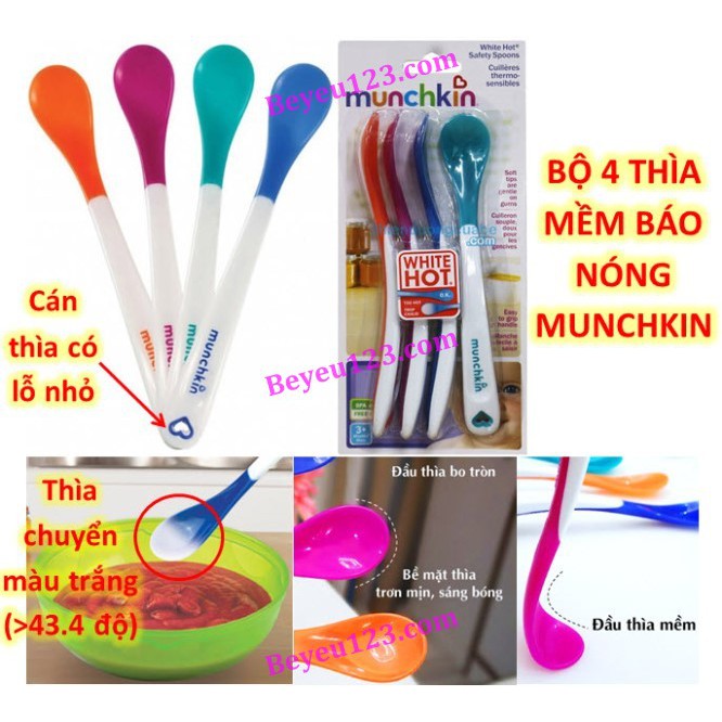 (Chính hãng) Vỉ 4 Thìa mềm báo nóng ăn dặm an toàn miệng cho bé Munchkin Mỹ MK43682