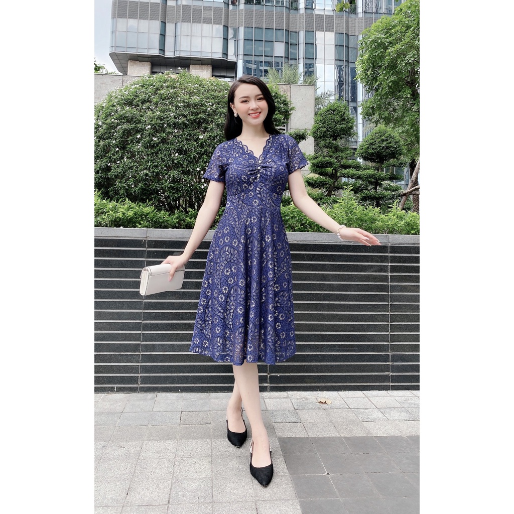 ĐẦM REN CỔ V PHỐI NGỌC - DAM 0020