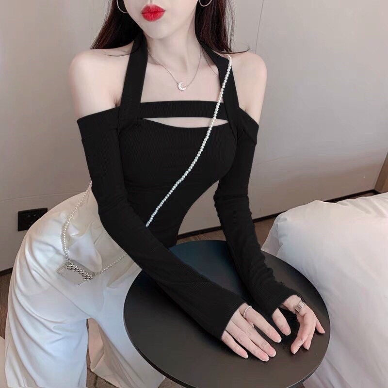 ÁO KIỂU TRỄ VAI TAY DÀI $ ÁO THUN GÂN DÀI TAY CỔ DÂY YẾM SEXXY CÓ GIÃN PHONG CÁCH HÀN QUỐC