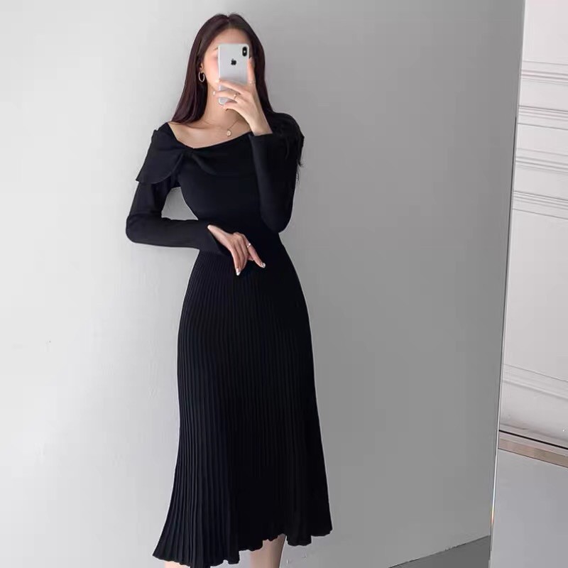 Váy len trễ vai nơ dài suông xoè sang chảnh