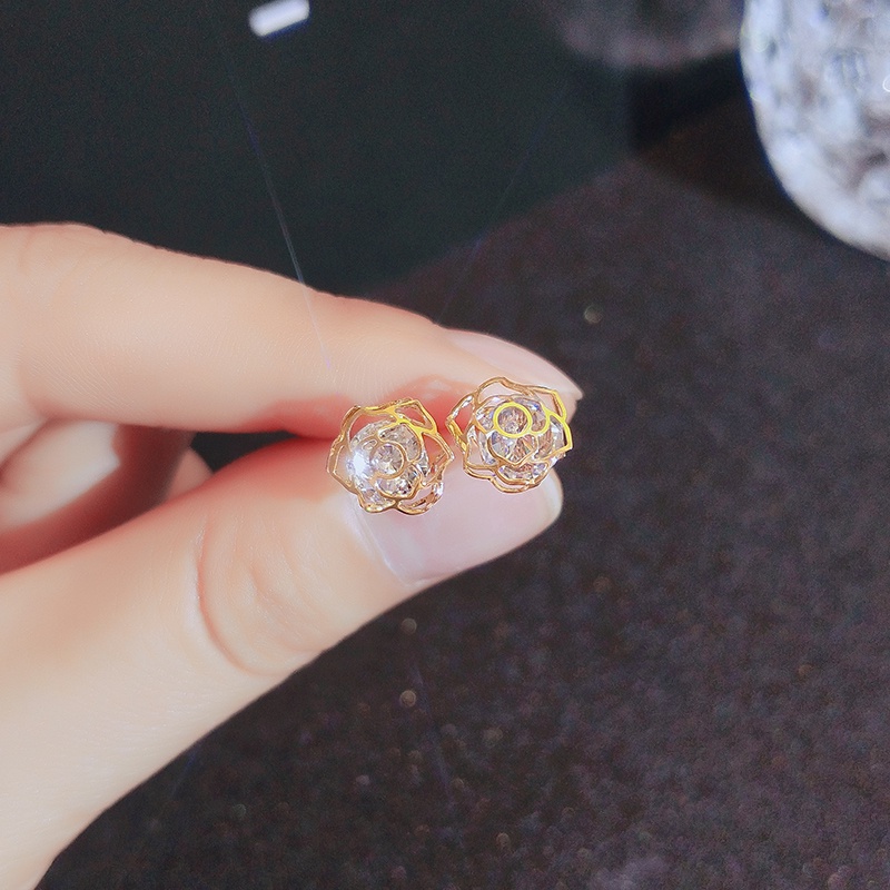 [Jiudolan] Bông Tai Hoa Hồng Đính Đá Zircon Sáng Bóng Thanh Lịch