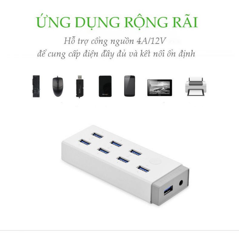 Bộ chia USB 7 cổng  3.0 UGREEN 20296 nguồn 12V/2A kèm sạc Mac, máy tính bảng, điện thoại- Hàng chính hãng