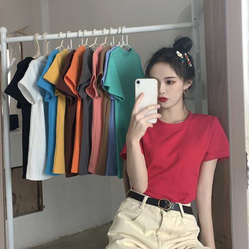 Áo Thun Nữ Cổ Tròn Tay Lửng Dáng Rộng Màu Kẹo Ngọt Phong Cách Hàn Quốc Thời Trang Mùa Hè Mới 2021