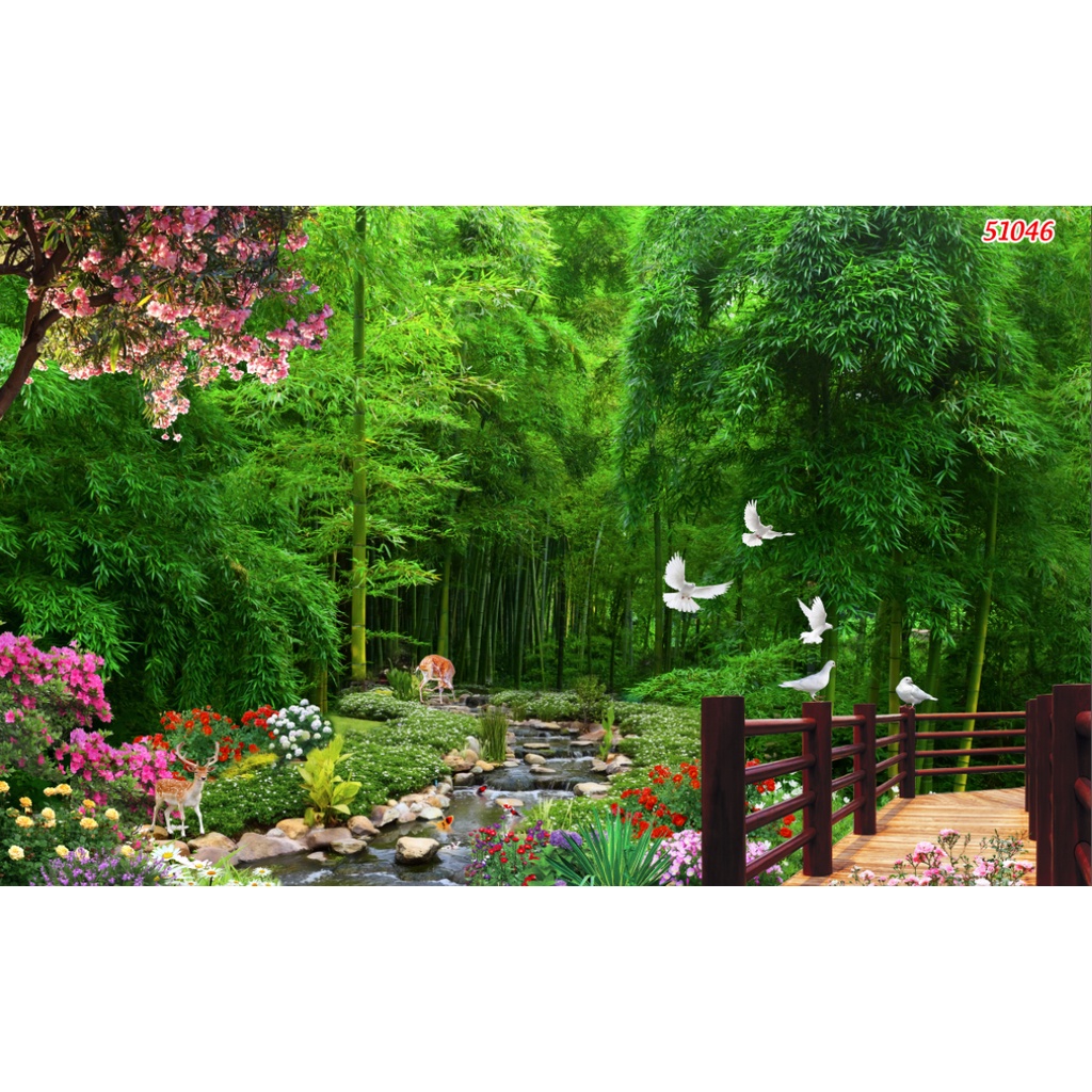 Tranh 3d thác nước chảy rừng cây trong lành