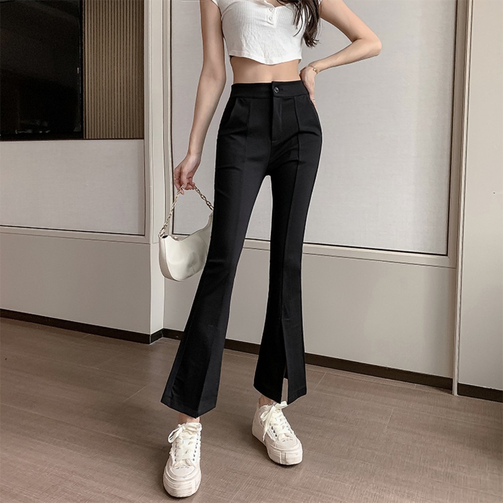 Quần ống loe xẻ gấu trước cạp cao tôn dáng màu đen - Quần tây ống loe lưng cao xẻ tà ống vẩy cá đính điệu công sở hẹn hò