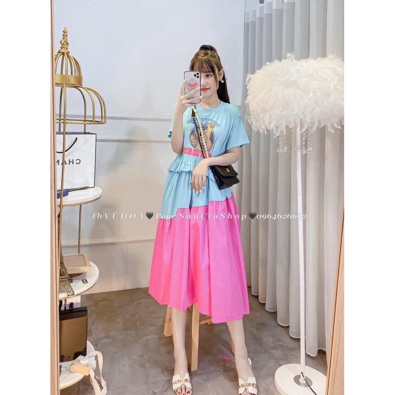 Đầm maxi thun cotton phối đũi thô cao cấp, Đầm thun phối màu