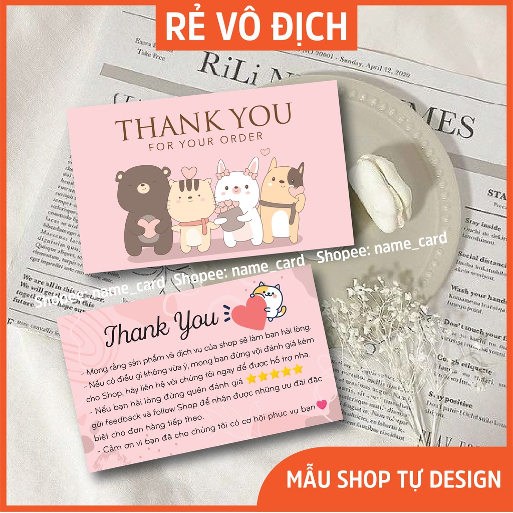 Thiệp cảm ơn khách hàng, thank you card có sẵn tại shop, kích thước 9x5,5 cm