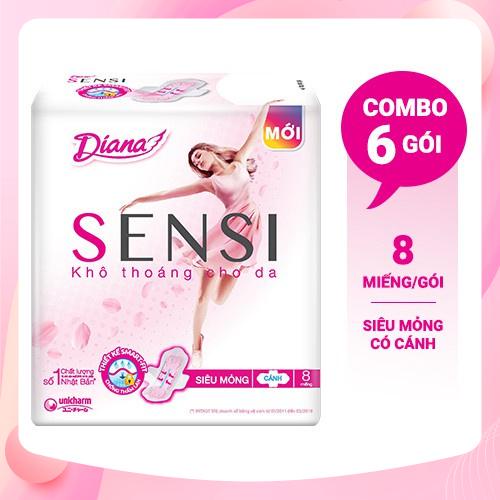 Bộ 6 gói băng vệ sinh diana sensi siêu mỏng cánh gói 8 miếng,băng vệ sinh diana sensi smc dành cho phụ nữ 1 g