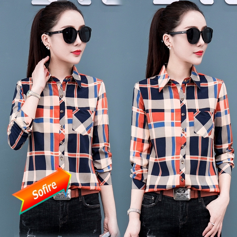Áo Sơ Mi Ca Rô Dài Tay Cổ Bẻ Thời Trang Hàn Cho Nữ Size S-5Xl