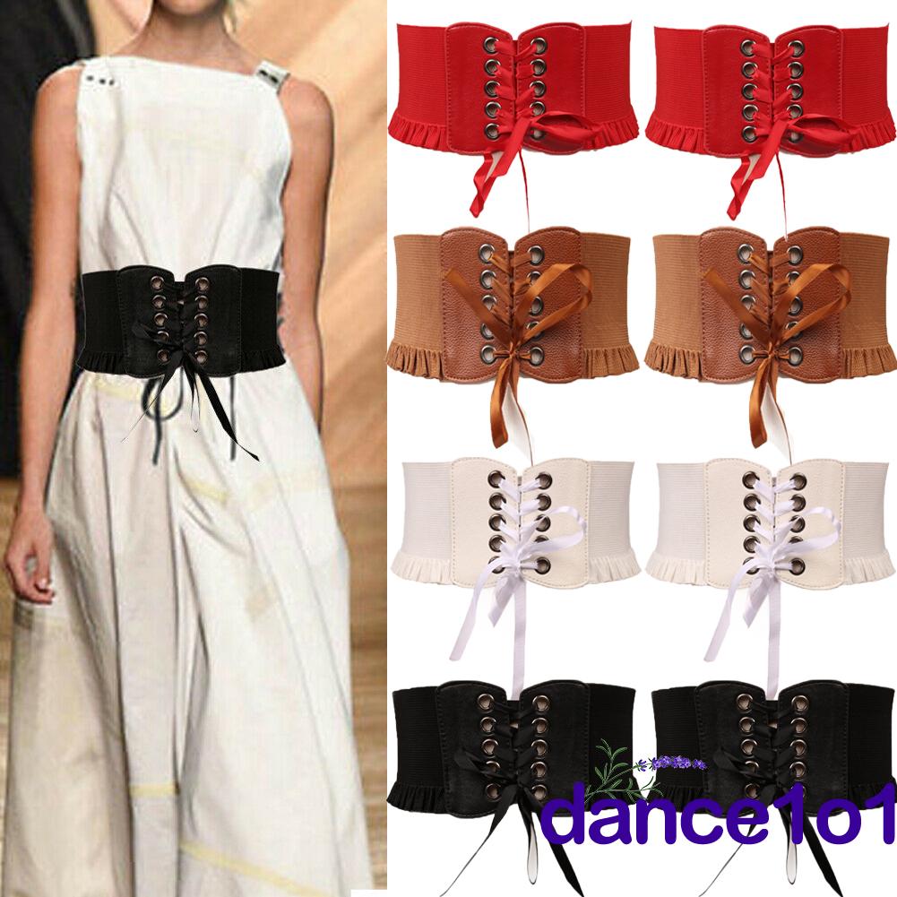 Đai nịt bụng corset bản rộng màu trơn viền nhún béo có dây buộc co giãn thời trang cho nữ