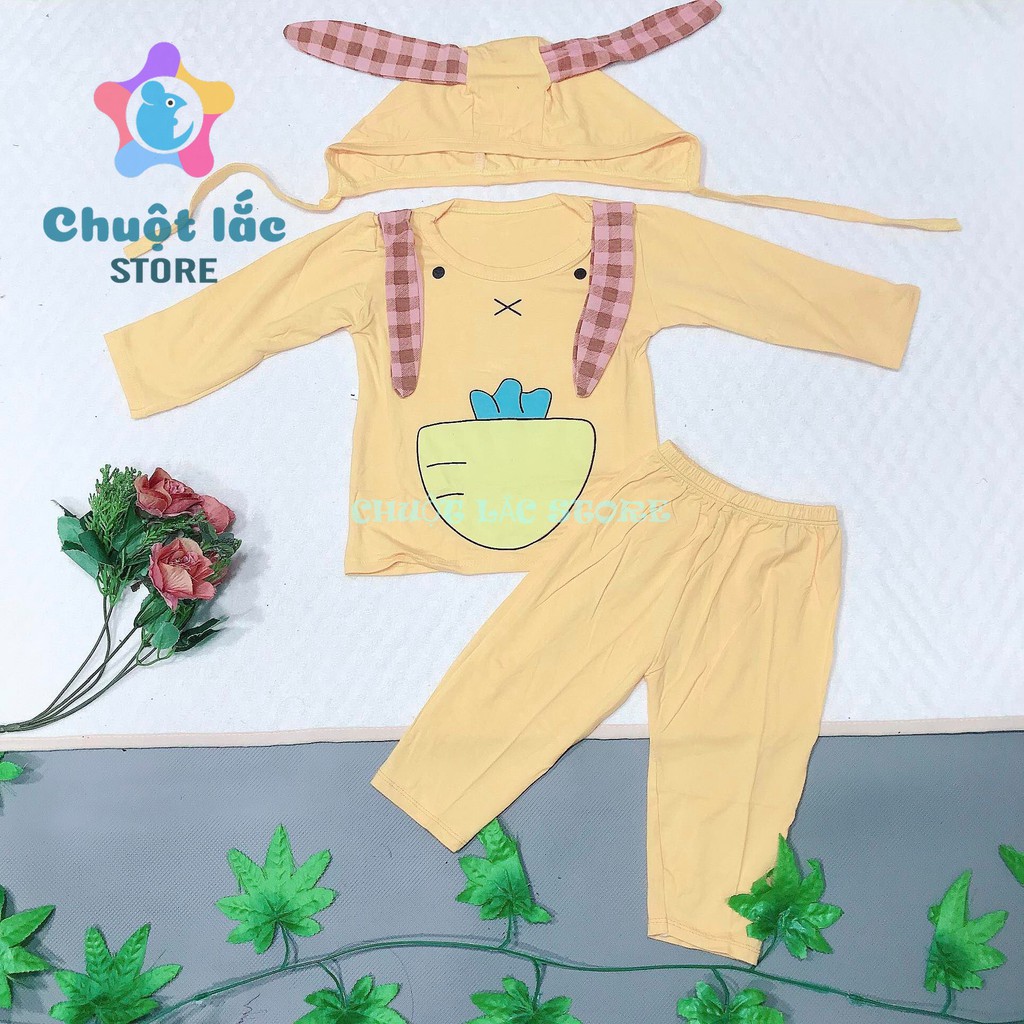 Quần áo bé sơ sinh bé trai bé gái dài tay hình cà rốt kèm mũ tai thỏ chất thun lạnh cho bé từ 6kg đến 16kg