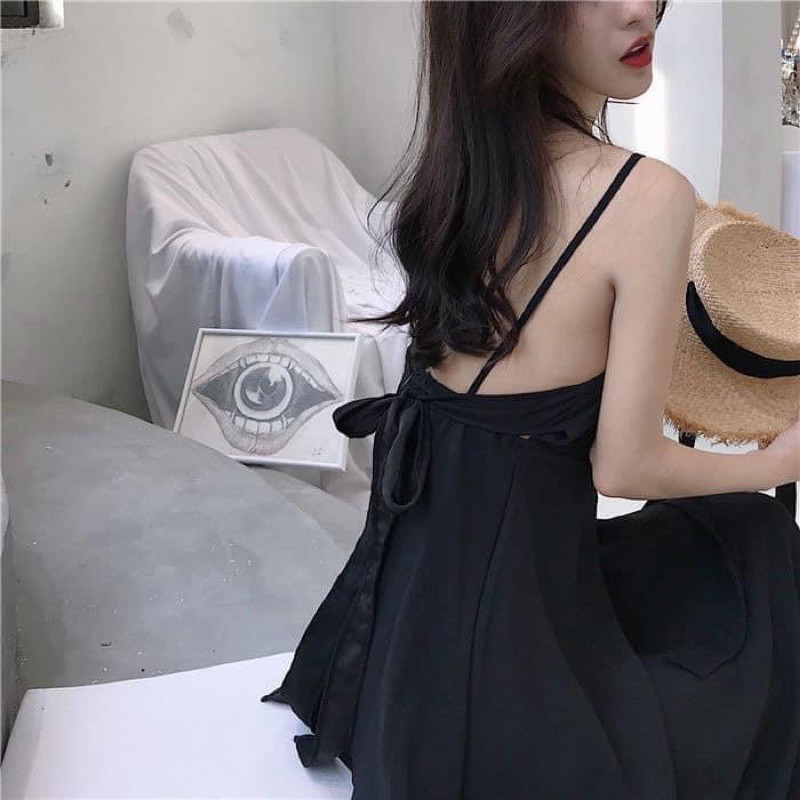 Váy maxi thắt nơ lưng hai màu đen hồng tiểu thư nữ tính