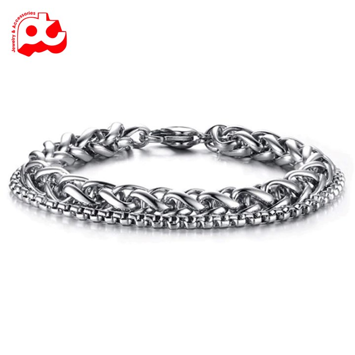Lắc tay nam titan cao cấp rẻ đẹp sợi dừa thời trang 2 sợi cá tính thép không gỉ PT JEWELRY màu trắng PTLTNA09