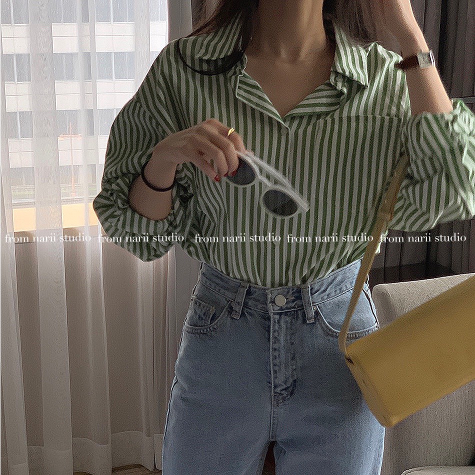 Áo sơ mi tay dài nữ form rộng NARII áo công sở dáng dài Hàn Quốc kẻ xanh