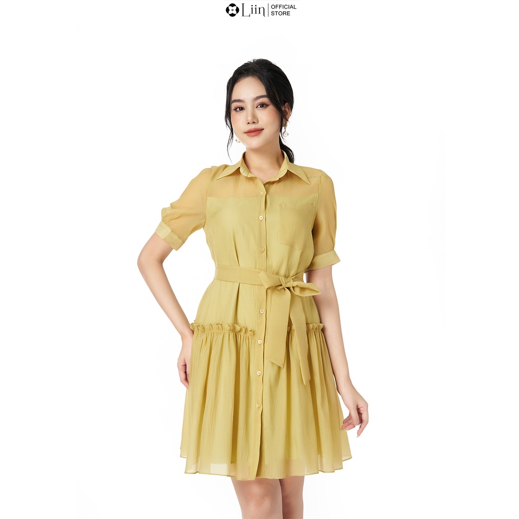 Đầm sơ mi nữ linbi chất vải tơ cao cấp hàng thiết kế trẻ trung mix kèm nơ eo mặc tôn dáng liin clothing D6571