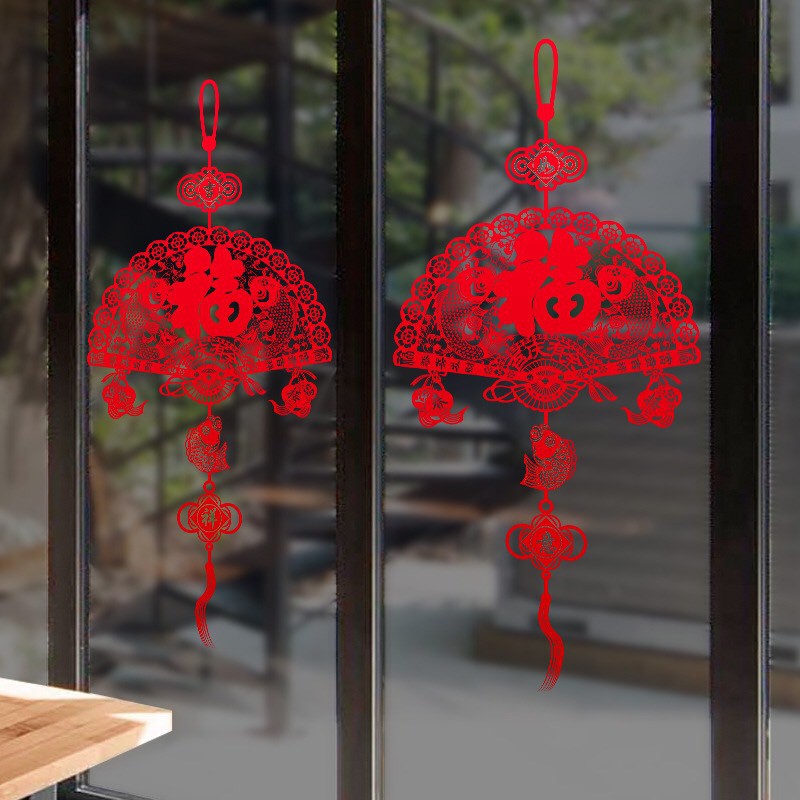 Decal trang trí tết - Rèm dây Quạt Xòe đỏ đón xuân