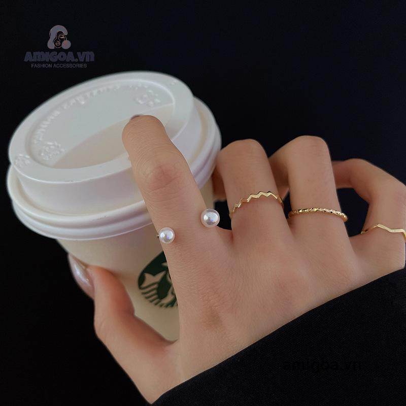✨✨Bộ 4 nhẫn đeo tay đính hạt ngọc trai kiểu dáng đơn giản phong cách Hàn Quốc