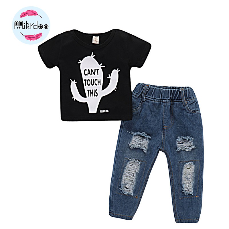 Mikrdoo Set Áo Thun Ngắn Tay In Hình Cây Xương Rồng + Quần Jeans Dài Cho Bé Trai