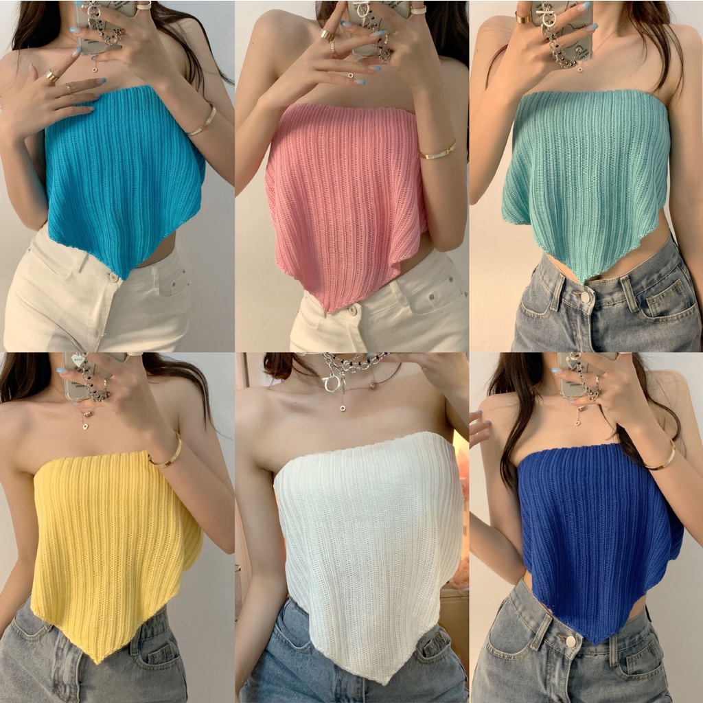 Áo ống len dệt kim dày dặn, áo crotop yếm len phong cách Hàn