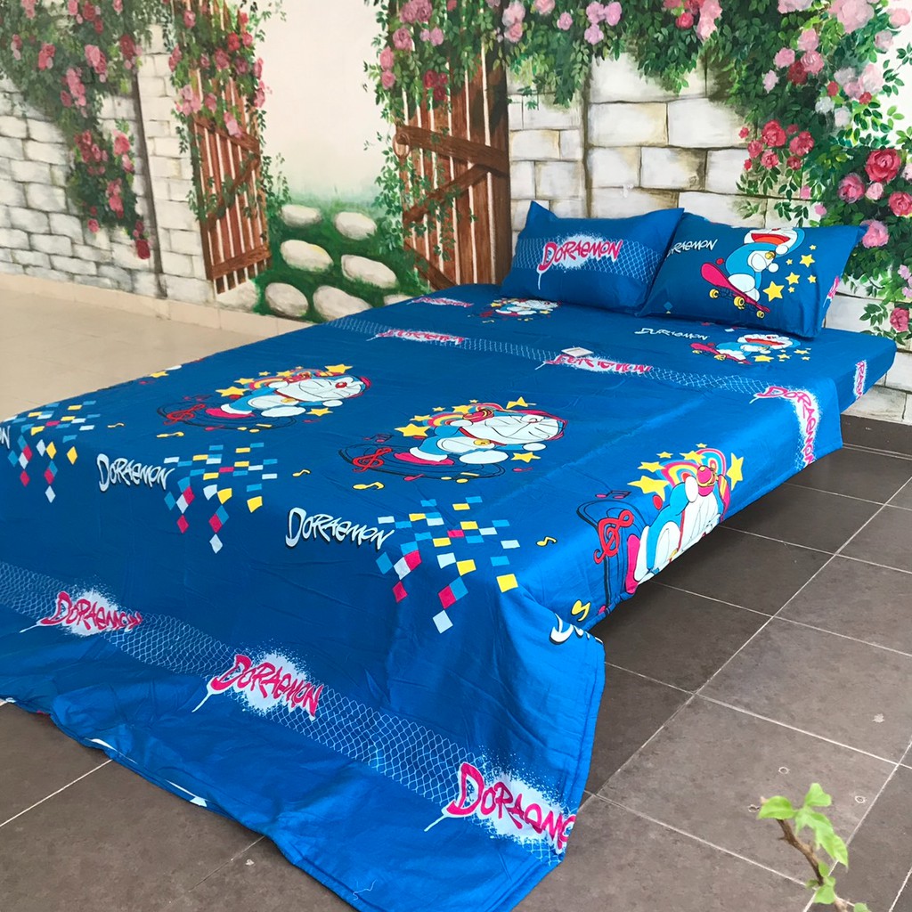 Bộ chăn ga gối  Sông Hồng 1.6m x 2m chất cotton, hình Doraemon