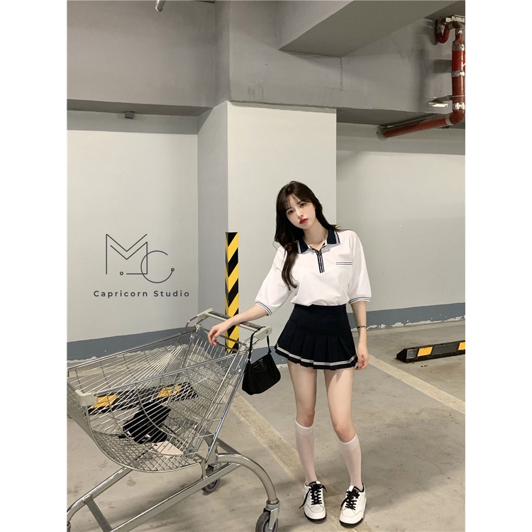 Áo phông POLO ngắn tay màu trắng rộng rãi phong cách Ulzzang