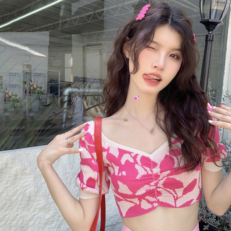 Áo Thun Dệt Kim Tay Ngắn Cổ Chữ V Dáng Ôm In Họa Tiết Kiểu Hàn Quốc Quyến Rũ Cho Nữ